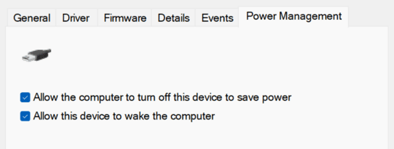 Screenshot of how to "Allow the computer to turn off this device to save power" and "Allow this device to wake the computer"