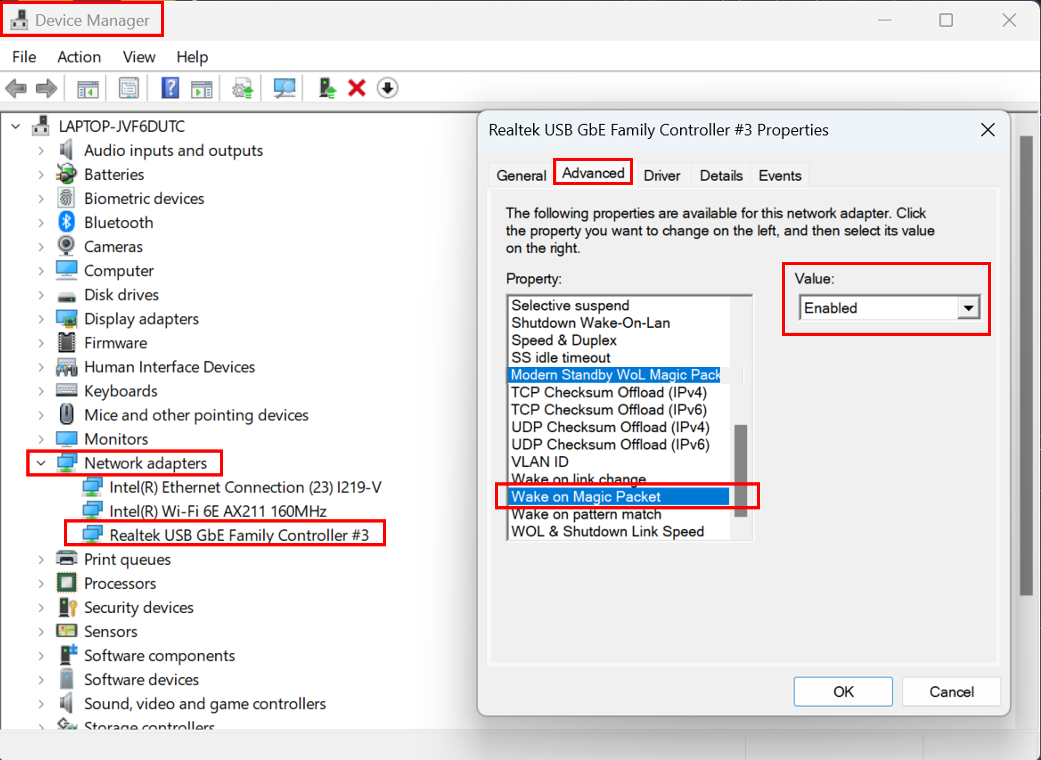 Screenshot of how to enable WoL in computer network card settings with Device Manager