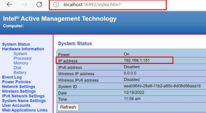 Figure 3: TBT Host1的Intel AMT介面，可查看設定的本機的IP address_Intel vPro® Platform